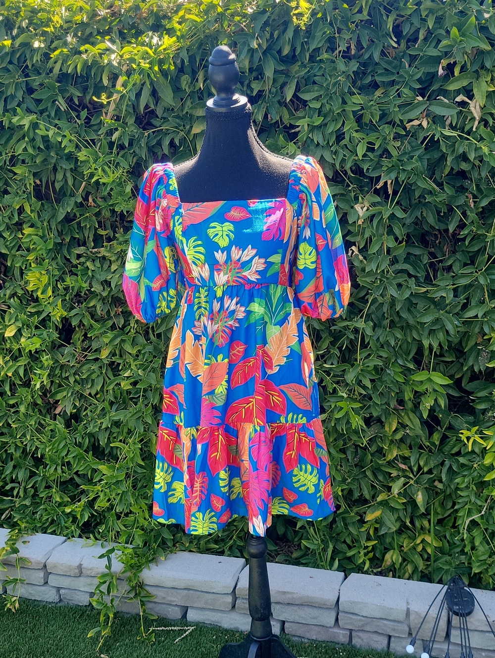 Vibrant Blue With Multicolor Tropical Flower And Leaf Puff-Sleeve Sundress S